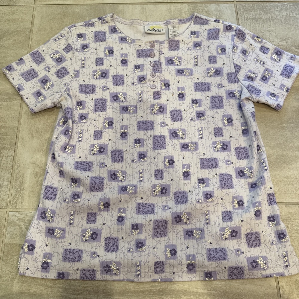 Chic Henley Shirt womens S Purple Floral Crew Vintage Cotton Grandmacore Cottage
